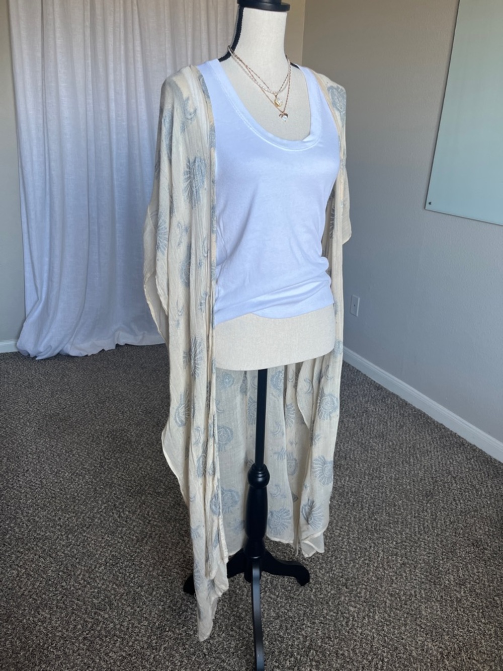 Free People Light of the Moon Celestial Kimono Silver Beige Duster Flawed